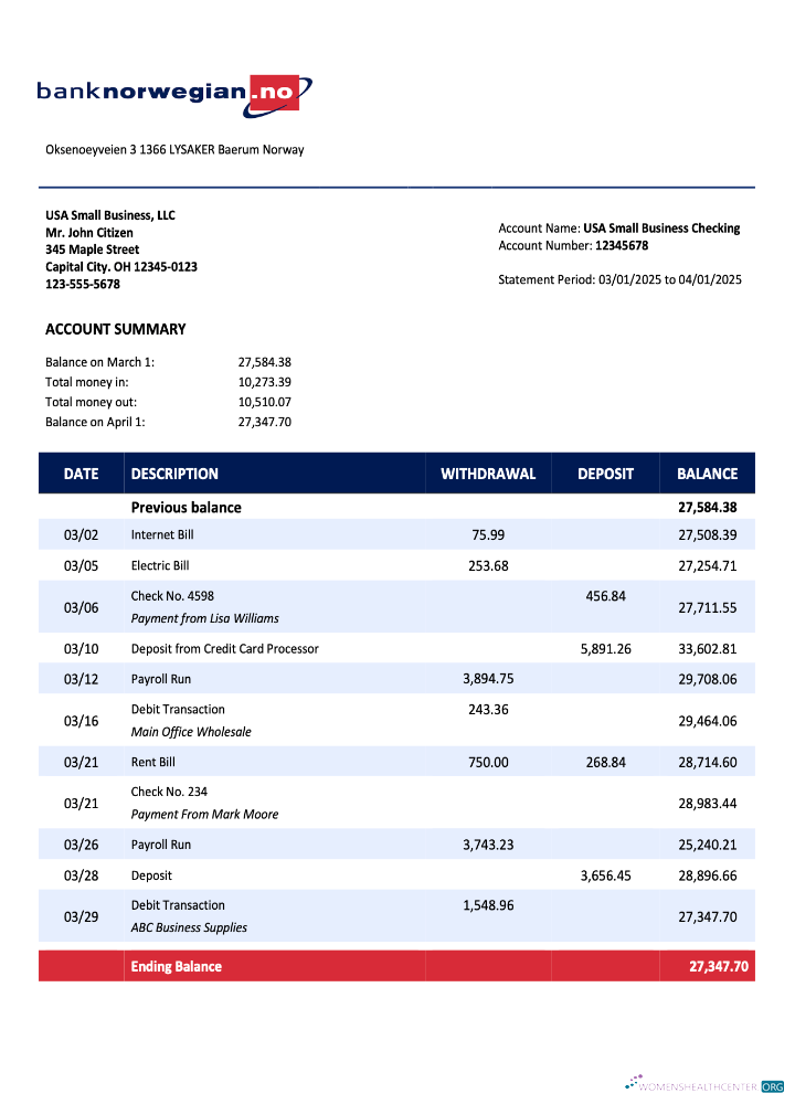 Download Norwegian Bank Norwegian AS organization statement Word and PDF template Photoshop template